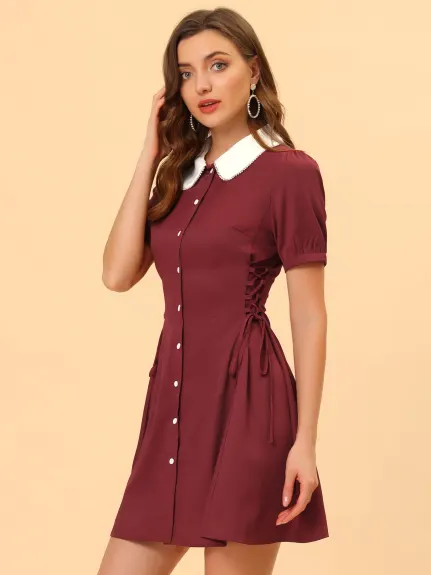 Allegra K- Vintage Lace Up Button Down Dress