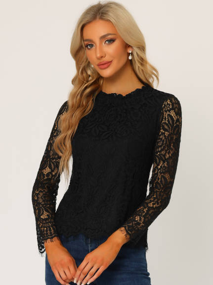 Allegra K- Ruffle Round Neck Long Sleeve Lace Floral Blouse