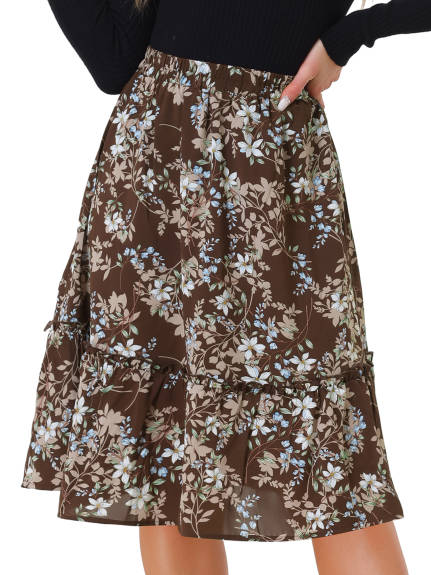 Allegra K- Ruffle Hem Tiered A-Line Floral Midi Skirt