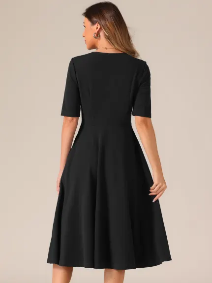 Allegra K - 1950s Vintage V-Neck Half Sleeve Swing Dress