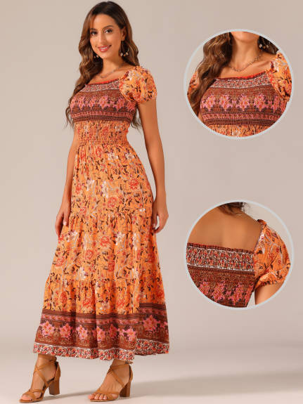 Allegra K- Boho Off-Shoulder Floral Smocked Dress