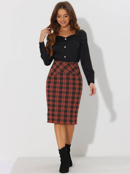 Allegra K- Elastic High Waist Knee Length Plaid Pencil Skirt