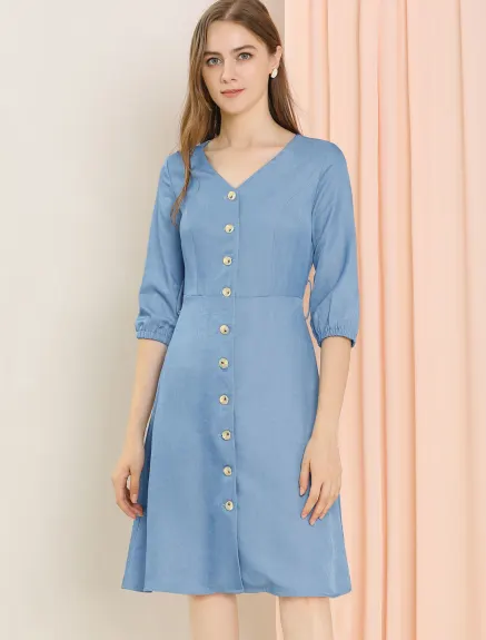 Allegra K- V Neck 3/4 Sleeve Belted Shirt Dress