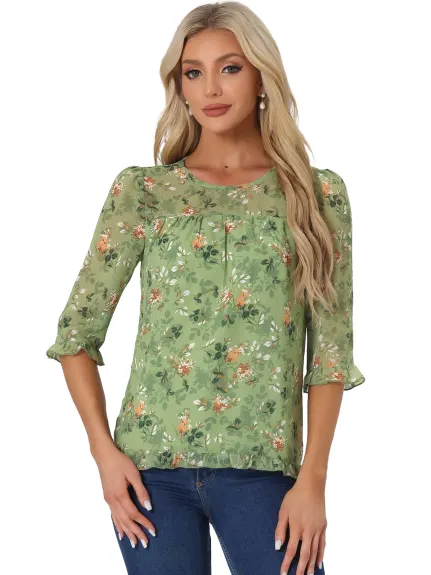 Allegra K- Floral Ruffled 3/4 Sleeve Chiffon Blouse