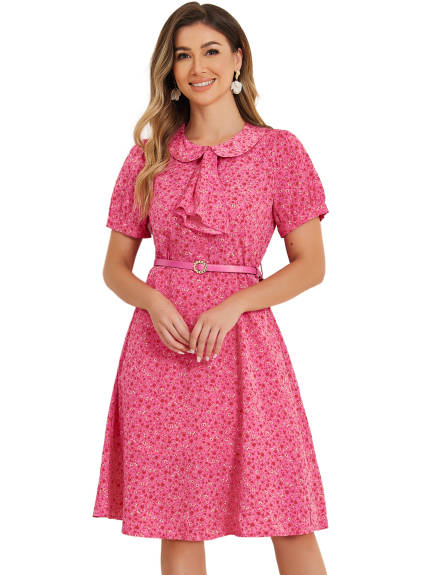 Allegra K- Peter Pan Collar Tie Neck Belted Floral Dress