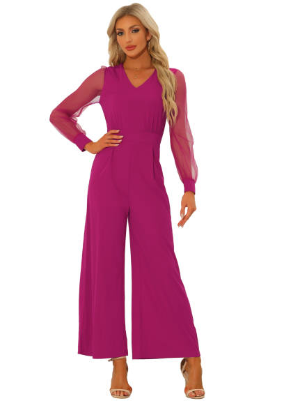 Allegra K - Mesh Long Sleeve V Neck Wide Leg Jumpsuit