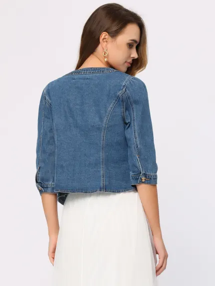 Allegra K- Veste en jean courte sans col, col rond, manches 3/4, ouverte sur le devant