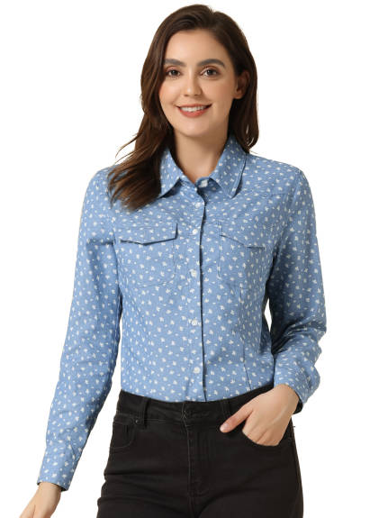 Allegra K- Denim Poplin Point Collar Shirt