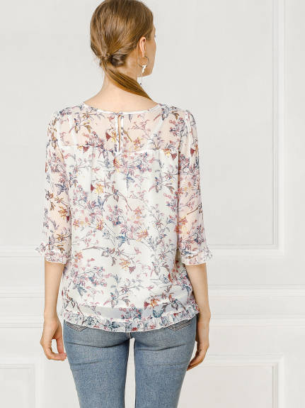 Allegra K- Floral Ruffled 3/4 Sleeve Blouse