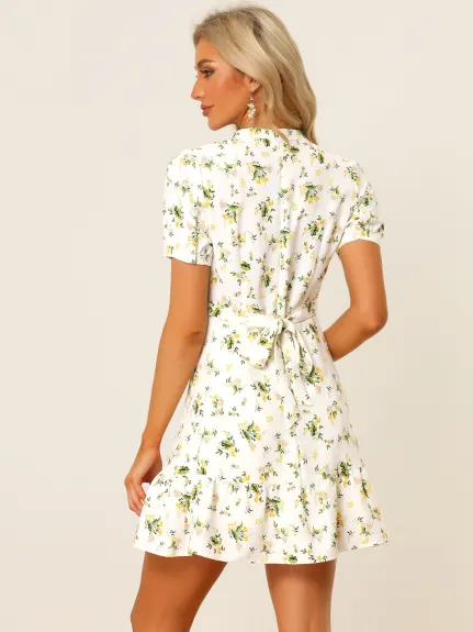 Allegra K- Floral Short Sleeve Self Tie Mini Dress