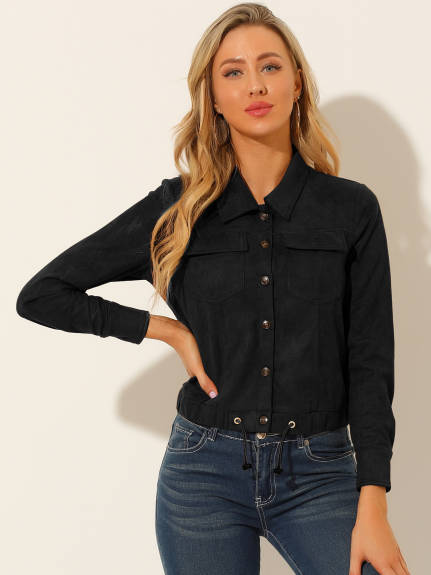 Allegra K- Faux Suede Point Collar Button Up Biker Moto Jacket