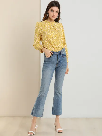 Allegra K- Ruffled Mock Neck Smocked Printed Blouse