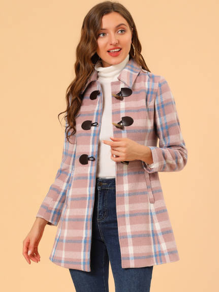 Allegra K- Turn Down Collar Plaid Toggle Duffle Long Overcoat