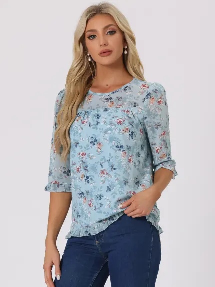 Allegra K- Blouse florale en mousseline à manches 3/4 et à volants