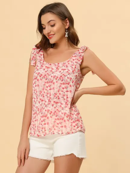 Allegra K- Floral Tie Straps Chiffon Tank Top