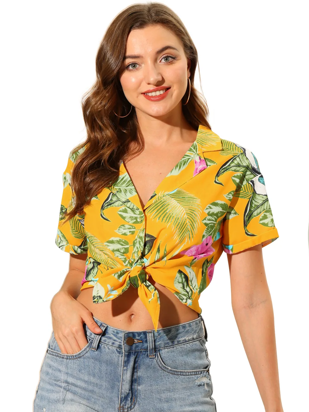 Allegra K- Beach Tropical Floral Leaves Button Down Shirt