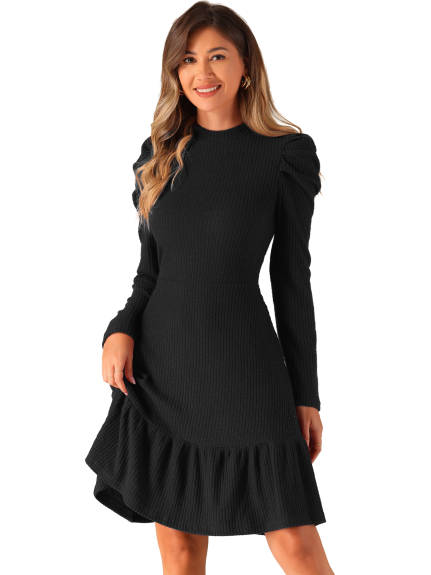 Allegra K - Crew Collar Stretchy Puff Long Sleeve Knit Dress