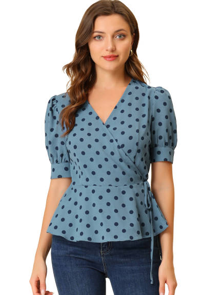 Allegra K - V Neck Polka Dots Short Sleeve Wrap Peplum Top