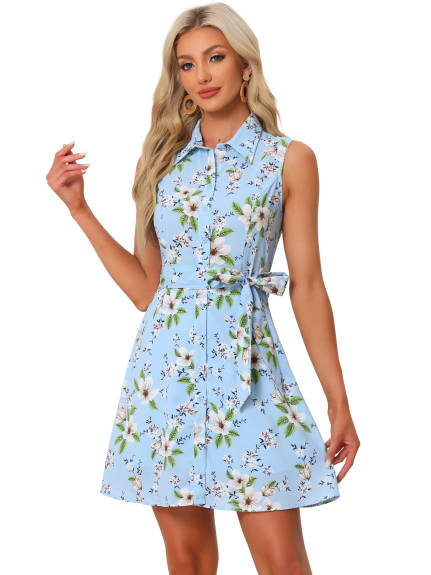 Allegra K - Sleeveless Turndown Collar Above Knee Button Down Floral Print Dress