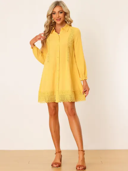 Allegra K- Boho Lace Button Front Mini Shirt Dress