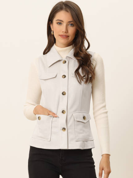 Allegra K- Faux Suede Vest Buttoned Jacket with Cargo Pocket