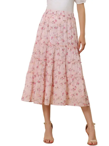 Allegra K- Floral Tiered A-Line Long Chiffon Skirt