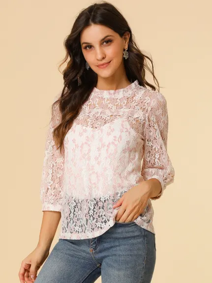 Allegra K- 3/4 Sleeves Ruffle Mock Neck Sheer Lace Top