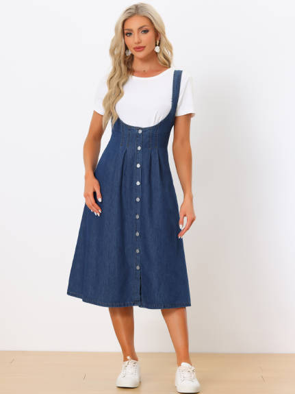 Allegra K - Classic U Neck Denim Suspender Dress