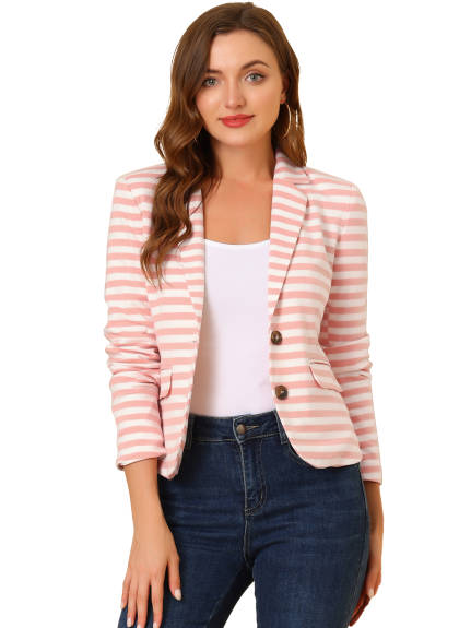 Allegra K- Notched Lapel Pocket Button Closure Striped Blazer