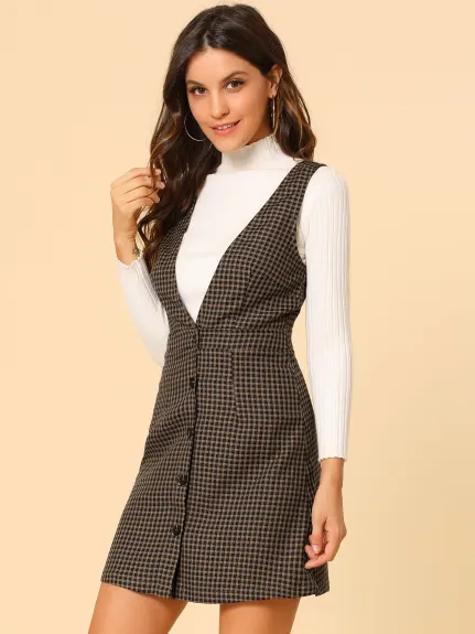 Allegra K- Overalls V-Neck Plaid Houndstooth Pinafore Dress