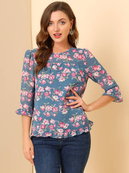 Allegra K- Floral Ruffled 3/4 Sleeve Chiffon Blouse