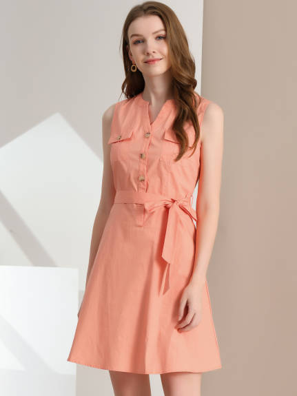 Allegra K- Belted Sleeveless Flared A-Line Shirt Dress