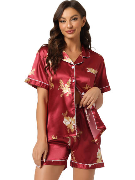 cheibear - Floral Button Down Shirt and Shorts Satin Sleepwear