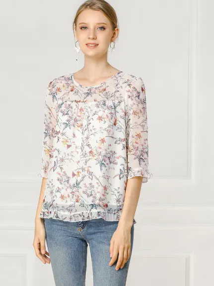 Allegra K- Blouse florale en mousseline à manches 3/4 et à volants