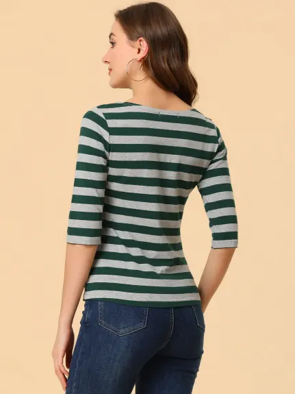 Allegra K- Boat Neck Elbow Sleeve Slim Fit Stripe T-Shirt
