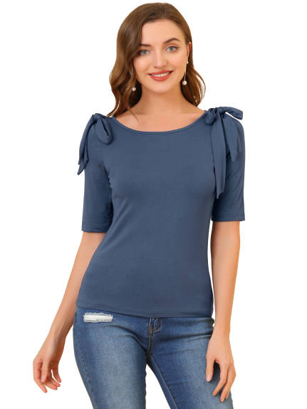 Allegra K - Boat Neck Stretchy Elegant Elbow Sleeve Top