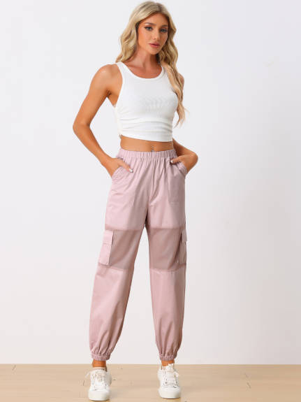 Allegra K- Mesh Panel Pant High Waist Sheer Elastic Baggy Cargo Pants