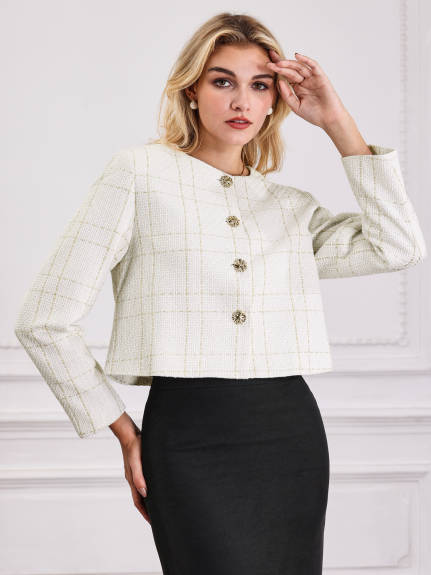 Hobemty - Collarless Button Crop Plaid Blazer