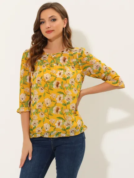 Allegra K- Blouse florale en mousseline à manches 3/4 et à volants