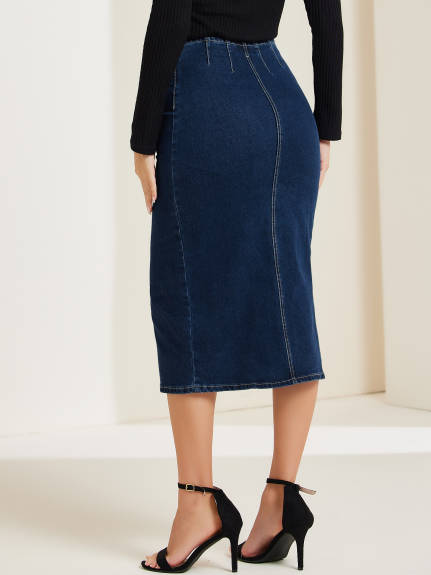 Allegra K - Front Slit Maxi Bodycon Denim Skirt