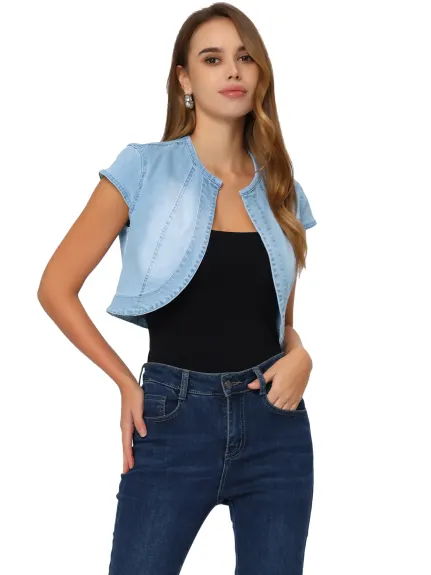 Allegra K- Crop Denim Cap Sleeve Slim Fit Jean Jacket
