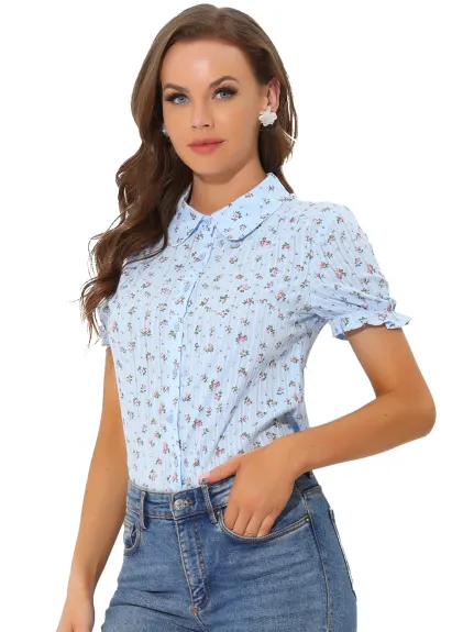 Allegra K - Frilled Short Sleeve Floral Cotton Shirt