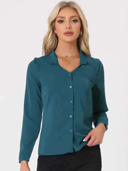 Allegra K- V Neck Elegant Button Up Shirt