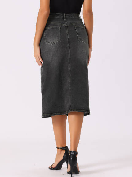 Allegra K- High Waist Slit Front Midi Denim Skirt