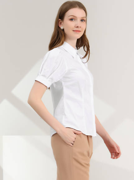 Allegra K- Puff Sleeve Collared Cotton Shirt