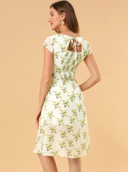 Allegra K- Smocked Sweetheart Cap Sleeve Cinched Floral Chiffon Midi Dress