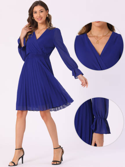 Allegra K - Smocked Long Sleeve Pleated Midi Dress