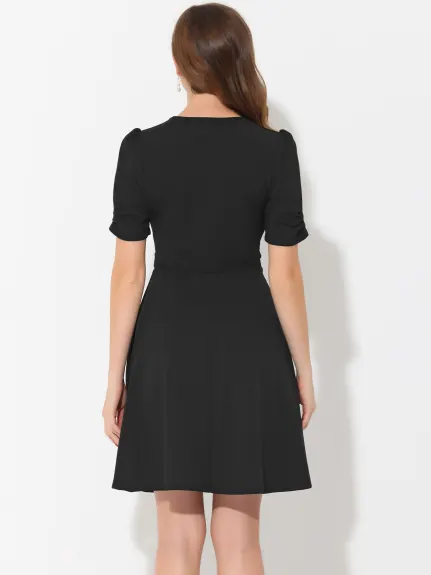 Allegra K- Elegant Puff Sleeve V Neck A-Line Dress