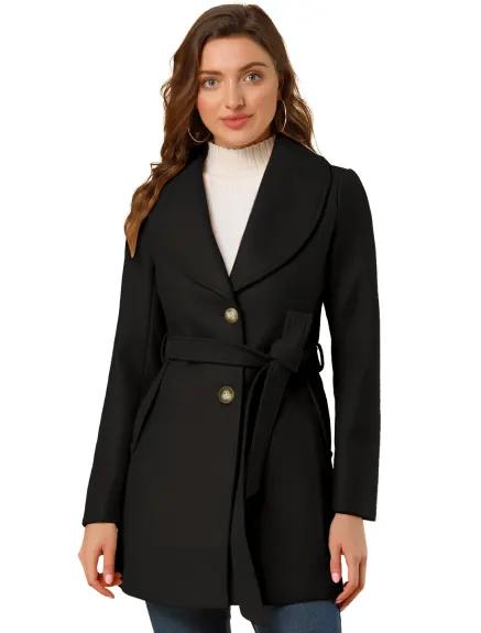 Allegra K- Turn Down Collar Single Breasted Belted Trenchcoat