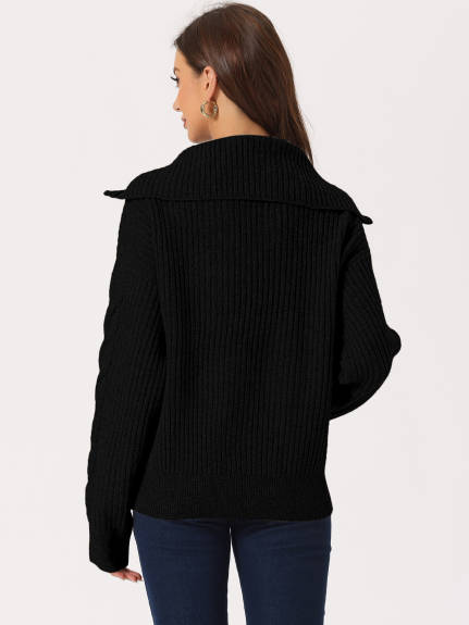 Allegra K - Long Sleeve V-Neck Zip Pullover Sweater